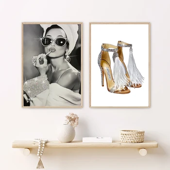 Мода жена грим червило плакат печат сребро висок ток платно живопис bling тоалетна картина модерна стена изкуство баня декор