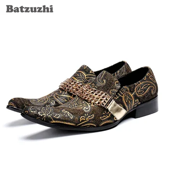 Batzuzhi Модни мъжки обувки Кожени заострени пръсти Луксозни бизнес, парти и сватбени обувки Мъже Злато, голям размер US12