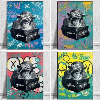 Абстрактен Цветна живопис на животни Модерна графити Маймуна Четене на книга Стенно изкуство Забавна картина Куадрос Платно Плакат Печат Начало Декор