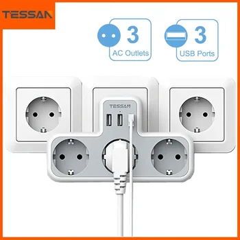 TESSAN Multi Outlets Разклонител с USB портове, EU KR щепсел захранващ адаптер Стенен гнездо удължител със защита от претоварване за дома
