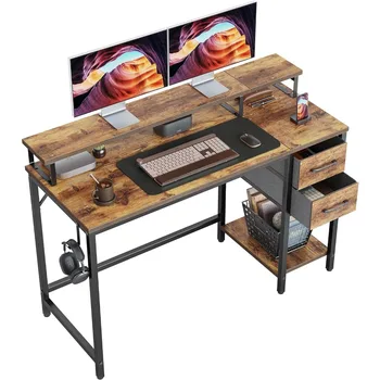 CubiCubi 47 инчово компютърно бюро с чекмеджета и стойка за монитор, бюро за домашен офис с място за съхранение, маса за писане на Morden Study Desk,