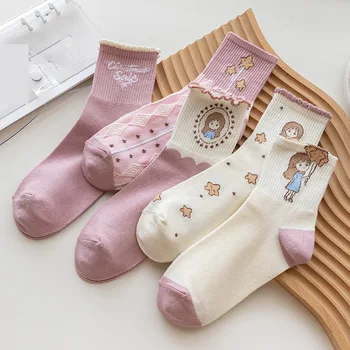 Cartoon печат сладък чорапи жени JK японски стил сладки момичета къдрици чорапи корейска мода Лолита Kawaii розов средата тръба чорапи
