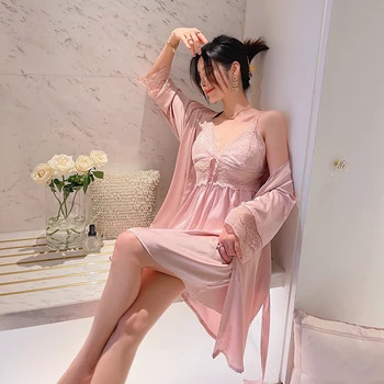 2Pcs Жени Секси розов сатен дантела халат & рокля комплект пижами комплект халат шаферка сватба спално облекло