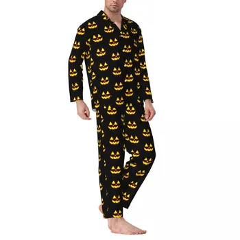 Комплект пижами за лице с тиква Честит Хелоуин Kawaii спално облекло женски дълги ръкави хлабав ежедневно 2 парчета домашен костюм плюс размер