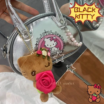 Черен кожен букет Hello Kitty Kawaii ретро плюшена кукла аниме училище чанта висулки карикатура Y2K момиче ръка кукла сладък подарък за рожден ден