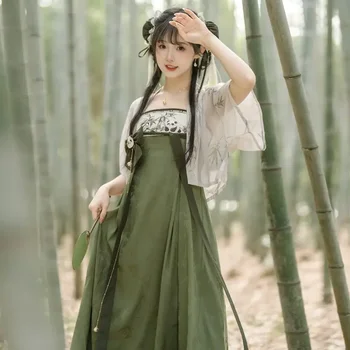 Сладка зелена панда бамбукова бамбукова печатна рокля на ханфу с жилетка Жени Подобрени Kawaii момичета Лолита рокли Вестидос Чинос