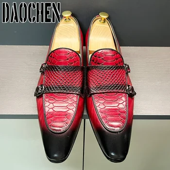 Луксозни мъжки кожени обувки Черна червена змия щампи Ежедневни мъжки рокля обувки Сватбен офис Двойна монах каишка обувки за мъже