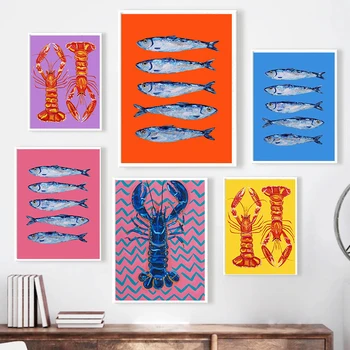 Цветни сардини омар риба океан животински плакат платно живопис реколта стена изкуство за кухня хол декорация на дома