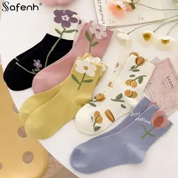 1 чифт памучни дамски чорапи карикатура цвете бонбони цвят Harajuku дишаща дизайн корейски стил японски удобни чорапи нови
