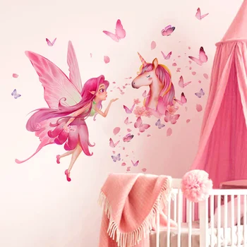 Elf пеперуда момиче еднорог карикатура стена стикер детска спалня фон декорация фея сладък самозалепващи тапети