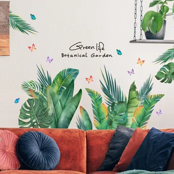 Зелени растителни листа и пеперуда стена ваденки за стая фон стена декорация - самозалепващи стена изкуство