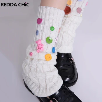 ReddaChic японки момиче коляното дълги чорапи с бонбони копчета JK Лолита Y2k крак нагреватели плета подредени ботуши покрива Дамски гети