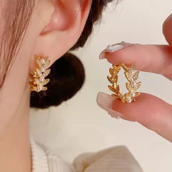 корейски стил лек луксозен моден микро комплект циркон пшеница ухо перла ухото катарама висок клас ретро обеци за жени бижута.