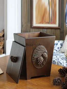 Начало Всекидневна Creative American Wooden Large Trash Can with Lid Dining Room Wastebasket