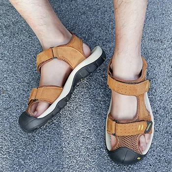 Мъжки сандали Естествена кожа Затворен пръст Рибар Плажни обувки Пешеходен туризъм на открито Нехлъзгащи се сандали 2023 Летни спортни сандали на платформа