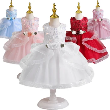 Луксозни рокли за рожден ден Цвете бебе момиче дрехи принцеса малко дете момичета облекло червено бяло бебе парти подпухнали рокля