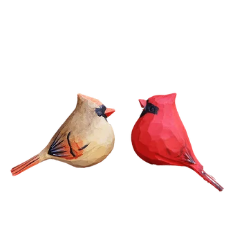 Дърворезба Фигурки на птици за декорация на работния плот, Северноамериканска кардинална двойка, Закръглени ръчно изработени птици, Home Аксесоари