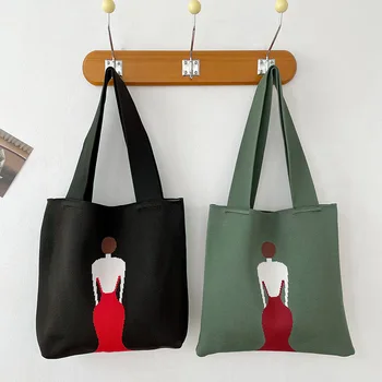 Cartoon плетена чанта за рамо чанта цвят пазарска чанта широк възел мъкна ръчно изработени карирани чанти ивица голяма пазарска чанта плета чанта