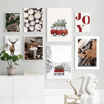Коледа Snowy Moose Платно Живопис Писма и камбани Подаръци Декоративни стена изкуство дървени огън изкуство плакат за спалня декорация