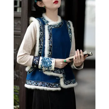 Реколта тъмно синя кожа яка удебелени Tang костюм жилетка жени елегантен кръг врата дълъг ръкав жилетка вътре онлайн китайски магазин