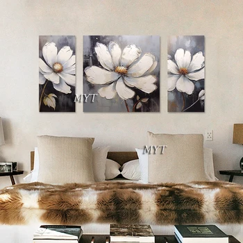 Unframed бял прост модерен абстрактен цвете живопис с маслени бои 3 панел платно стена изкуство Китай внос Начало декор по поръчка платно картина