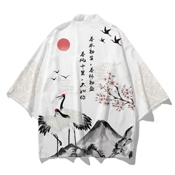 Жилетка жени мъже Obi Yukata Haori кимоно японски бял кран печат палто традиционно облекло