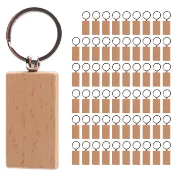 60Pcs празен правоъгълник дървен ключодържател DIY дърво ключодържатели ключови маркери могат да гравират DIY подаръци