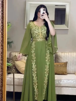 2023 Мюсюлманско Мароко Кафтан зелено Дамски дълги макси хлабави абитуриентски рокли Abaya Близкия изток бродирана крафт тен роба вечерна рокля