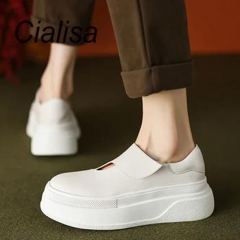Cialisa бежов случайни мокасини пролет нова платформа кръг пръсти ръчно изработени моден дизайн буци високи токчета естествена кожа обувки жени