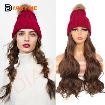 Трикотажна шапка перука синтетична дълга вълнообразна коса разширение червена плетена шапка прикрепена прическа за жени момичета зимни топли фалшиви H