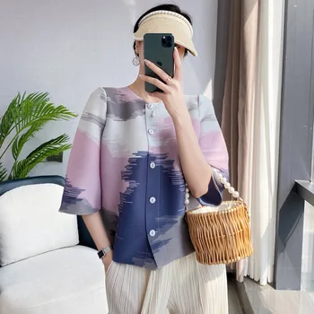 ALSEY Miyake плисиран печат модни ризи и блузи 2023 лято нов корейски стил прост случайни плюс размер тънък къс връх