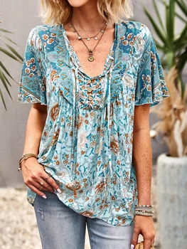 KHALEE YOSE флорални печатни бохо блуза риза бохемски v-образно деколте вратовръзка дантела нагоре летни жени случайни почивка плаж дамски риза върховете нови