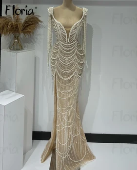 Floria Light Champagne Pearls пискюл рамо вечерна рокля Дубай O деколте русалка сватбено парти рокли арабски знаменитост рокля