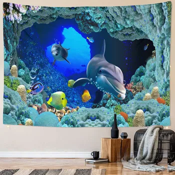 6 размери 3D подводен свят морски живот сладък делфин психеделична сцена фон стена гоблена стая хол декорация на дома