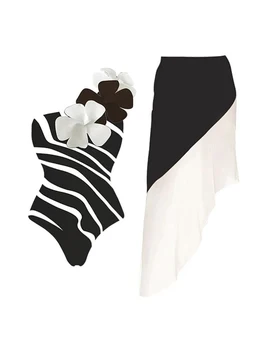 Black Striped Elegant 1 Piece Swimsuit Women 2023 Лукс с покриване на плажна пола Френски бански с едно рамо с висока талия