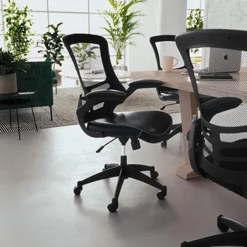 Облегалка въртящ се офис стол с лумбална опора и регулируема височина на седалката, мрежест офис стол, кожена мека седалка, черна