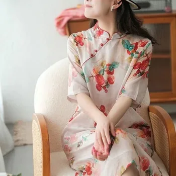 червен циан лято китайски стил памук Cheongsam плюс размер жени флорални костюми реколта хлабав A-линия рокля Qipao M до 2XL