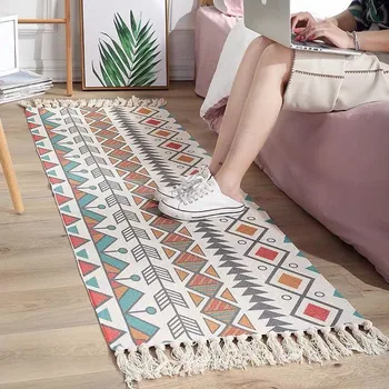 Ретро бохемски ръчен пискюл тъкан памучен лен килим нощно килим геометрична подова подложка дълъг килим покривка за легло гоблен декорация на дома