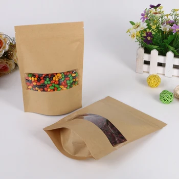 18 * 30 + 5 50pcs кафяв самостоятелно цип заключване крафт хартиени торби с прозорец за подаръци сладкиши и бонбони храна чай бижута на дребно пакет хартия