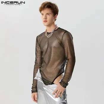 INCERUN 2023 Секси стил нови мъжки бодита мода флаш плат перспектива окото гащеризони случайни тънки дълъг ръкав ританки S-5XL