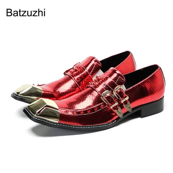 Batzuzhi Fashion Gold Metal Toe Red естествена кожа рокля обувки за мъже нитове рок парти и сватбени обувки мъж, голям EU38-46