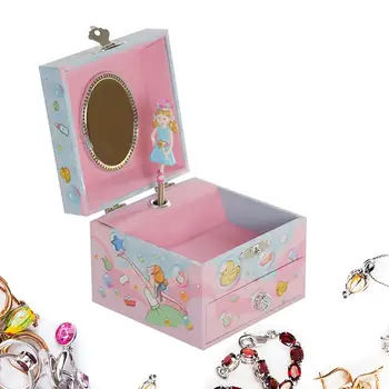 Музикална кутия за бижута за момичета Детска кутия за бижута Музикална кутия за съхранение с огледало и чекмедже Дървена балерина Музикална кутия за момичета