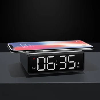 Цифров будилник с безжично зареждане, функция за отлагане Регулируема настройка на алармата за яркост 12/24 H за спалня Офис