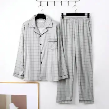 2 бр / комплект мъже есен зимни пижами комплект раирана карирана печат ревера еднореден широк крак мъже домашно облекло дрехи риза панталони комплект