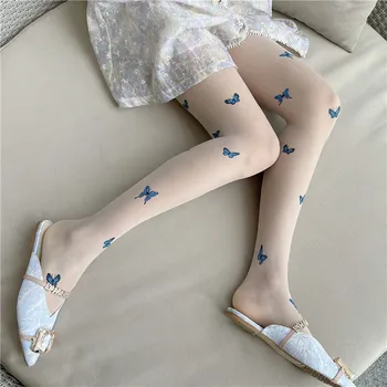 2022 Нова синя пеперуда печат чорапогащник пролет и лято жени чорапогащи нежна Harajuku тънко мляко бяла коприна чорапи